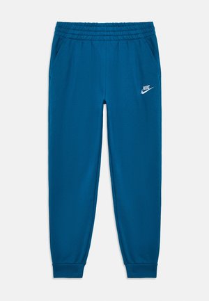Blauwe Nike sweatpants met elastische tailleband, zijzakken, geribde enkels en wit Nike-logo op de linker dij.