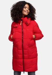 Red padded coat with high collar, front zipper, and snap buttons. Two large side pockets with a quilted design. Adjustable cuffs and hardware accents.
