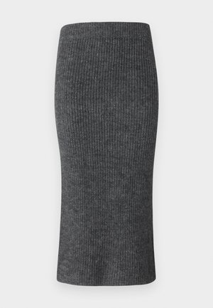 Gray ribbed pencil skirt with a fitted shape, high waistband, and smooth texture. Designed for a streamlined silhouette.