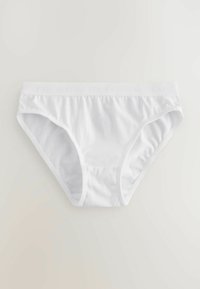 Baltie kokvilnas bikini apakšbikses ar mīkstu elastīgu jostu, uz kuras atkārtoti ir rakstīts "NEXT". Gluda tekstūra un klasiskā griezuma dizains.