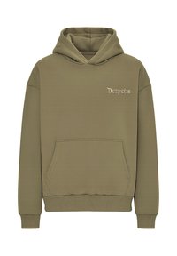 Felpa con cappuccio verde oliva, in misto cotone, con tasca a marsupio, polsini e orlo a costine, e logo "Drooysize" ricamato sul petto.