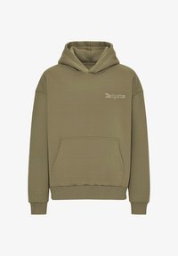 Sudadera con capucha de color verde oliva, mezcla de algodón, con bolsillo tipo canguro, puños y dobladillo acanalados, y logo bordado "Drooysize" en el pecho.