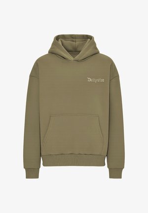 Õlivena roheline kapuutsiga dressipluus, puuvillase segu materjal, millel on kenguru tasku, soonikkoes mansetid ja ääred ning rinnal tikitud "Drooysize" logo.