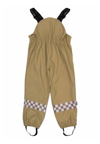 Tuta impermeabile beige con bretelle regolabili nere, vita elastica e dettagli a scacchi bianchi e marroni sulle gambe.