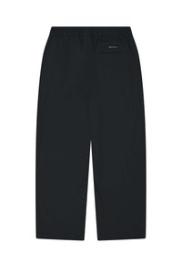 Zwarte broek met een elastische tailleband, rechte pasvorm en een achterzak met een subtiele ritssluiting. Soepele, lichte stof.