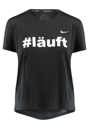 Maglietta sportiva nera a maniche corte in un tessuto traspirante con scollatura rotonda. Presenta un grande testo bianco "#läuft" e il logo Nike sul petto.