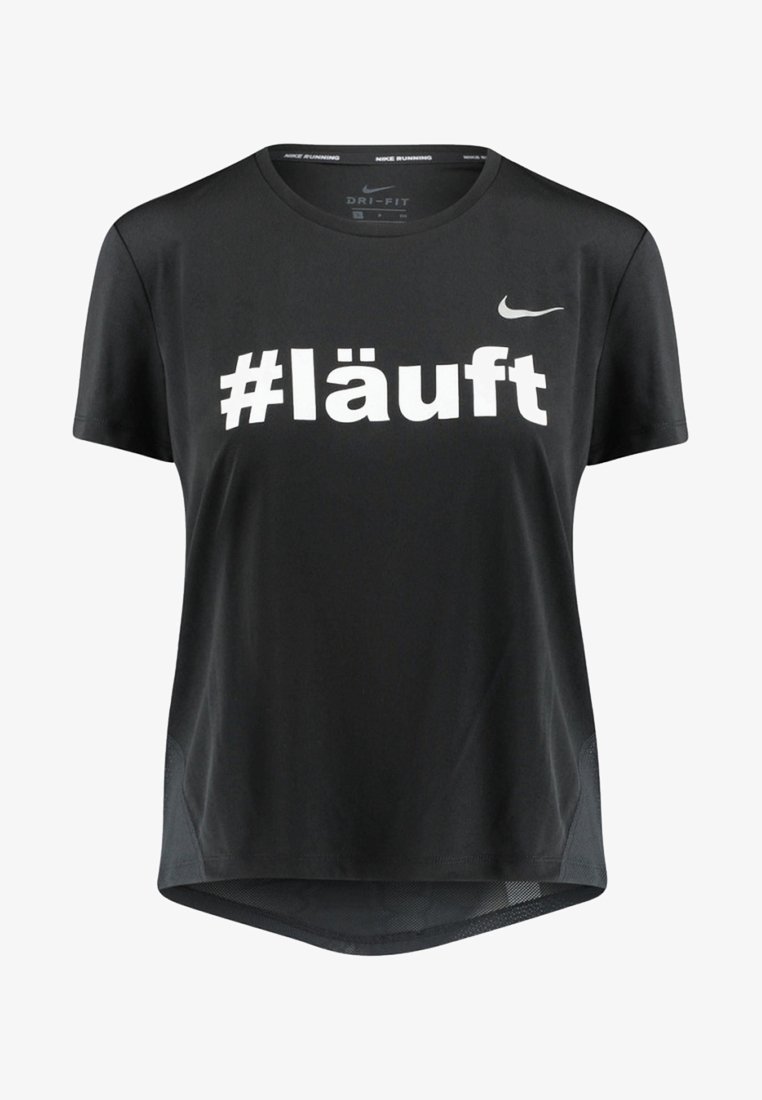 T-shirt de sport noir à manches courtes en tissu respirant avec un col rond. Présente un grand texte blanc "#läuft" et le logo Nike sur la poitrine.