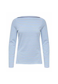 Gestreept shirt met lange mouwen in wit en lichtblauw, met een brede boothals en een aansluitende pasvorm, gemaakt van zacht, rekbaar materiaal.