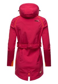 Red and orange women's jacket with a hood, belted waist, smooth texture, and a rear vent for ventilation. Features logo on the back.