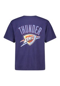 Navy blue cotton t-shirt featuring a large "THUNDER" graphic and "OKC" logo in white and orange on the back. Short sleeves, crew neck design.