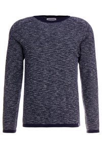 Maglione a maniche lunghe di colore blu navy in maglia, con un motivo testurizzato, scollatura rotonda e finiture scure in contrasto al colletto e ai polsini.