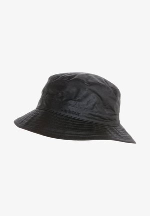Black bucket hat made from water-resistant material with a smooth texture, featuring subtle branding and a wide, downward-sloping brim.