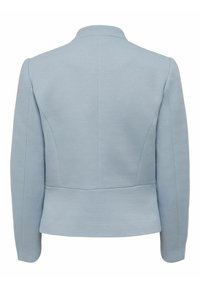 Light blue tailored jacket made of textured fabric, featuring a fitted silhouette, structured shoulders, and a collarless neckline.