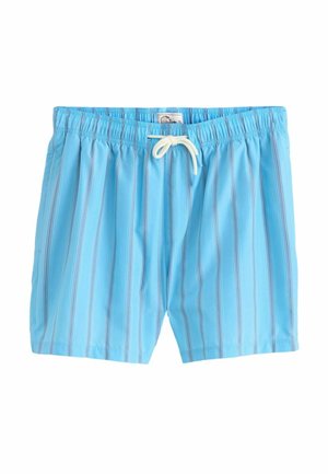 Light blue swim shorts with vertical white and gray stripes, elastic waistband, and white drawstring tie at the front.