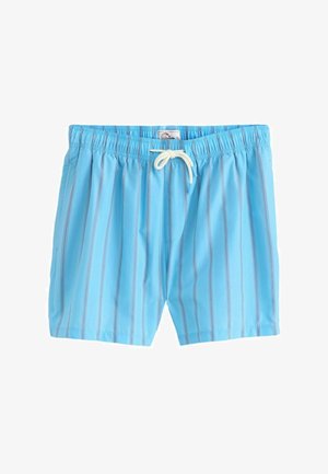 Svetlo modre kopalne hlače z navpičnimi belimi in sivimi črtami, elastičnim pasom in belim vrvico za zavezovanje spredaj.