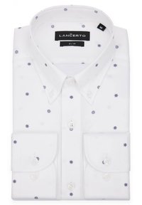 Biała koszula z długim rękawem w granatowe, gwiazdkowe wzory, dopasowana, z klasycznym kołnierzykiem i mankietami zapinanymi na dwa guziki. Widoczna metka marki.