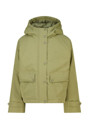 Licht olijfgroene jas met capuchon, drukknoopsluiting, twee voorvakken met klep en verstelbare manchetten.