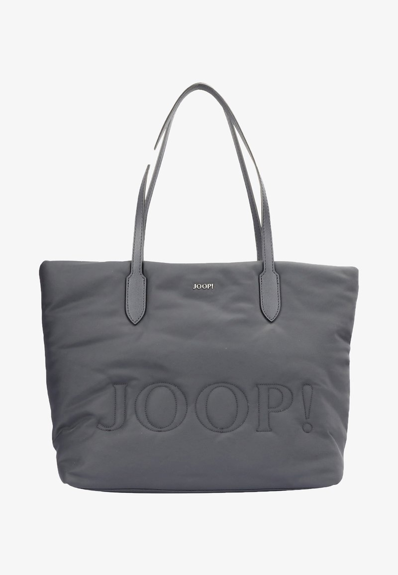 Sac cabas gris foncé avec deux longues poignées, grand logo JOOP! embossé à l'avant et petit logo métallique JOOP! près du centre supérieur.