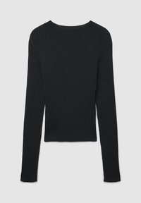 Schwarzer, gerippter Langarmpullover mit rundem Ausschnitt, schlankem Schnitt und weicher Textur, der eine kurze Länge betont.