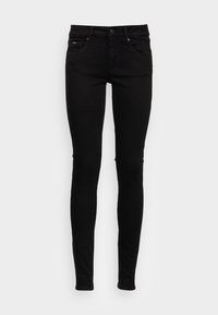 Černé slim džíny vyrobené z denimu, s klasickým pětipocket designem, poutky na pásek a zapínáním na přední knoflík. Hladká textura.
