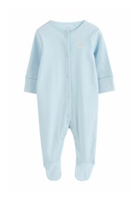 Lyseblå babyheldragt lavet af blødt, elastisk materiale. Har lange ærmer, trykknapper foran og foddækket bund. Lille bamsebroderi.