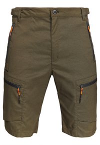 Oliivinvihreät ulkoilushortsit, joissa on vyölenkit, mustat vetoketjut edessä ja reisitaskuissa sekä oranssit vetoketjun nyörit.