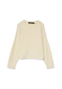 Pull en crème fabriqué à partir d'un tissu doux et texturé. Présente un col rond et des manches longues avec des bords côtelés. Design court.