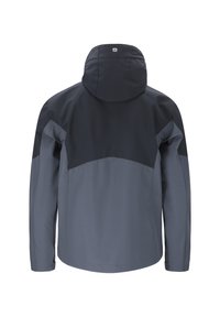 Miesten kaksivärinen harmaa-musta hupullinen takki, pitkähihaiset, nähtynä takaapäin.