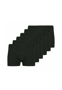 Schwarze Baumwollboxershorts mit einem weichen Bund mit Logo, glatter Textur und kurzen Beinen, die in einer gestapelten Anordnung präsentiert werden.
