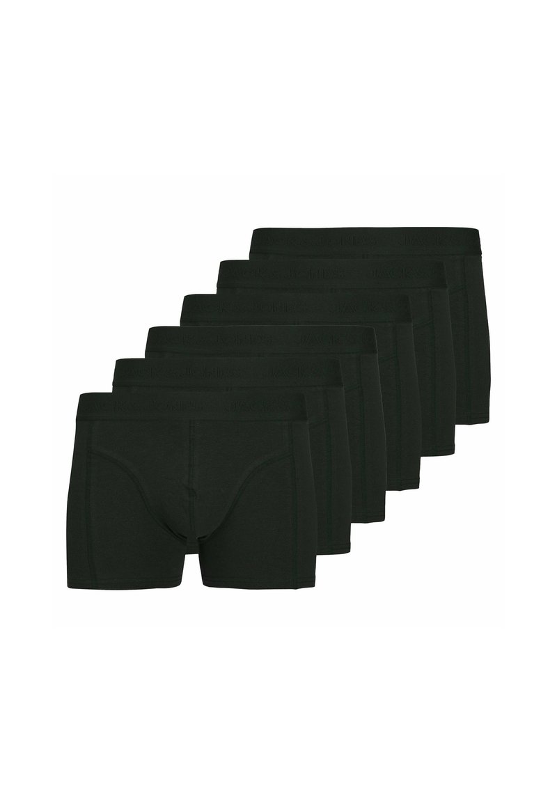 Schwarze Baumwollboxershorts mit einem weichen Bund mit Logo, glatter Textur und kurzen Beinen, die in einer gestapelten Anordnung präsentiert werden.