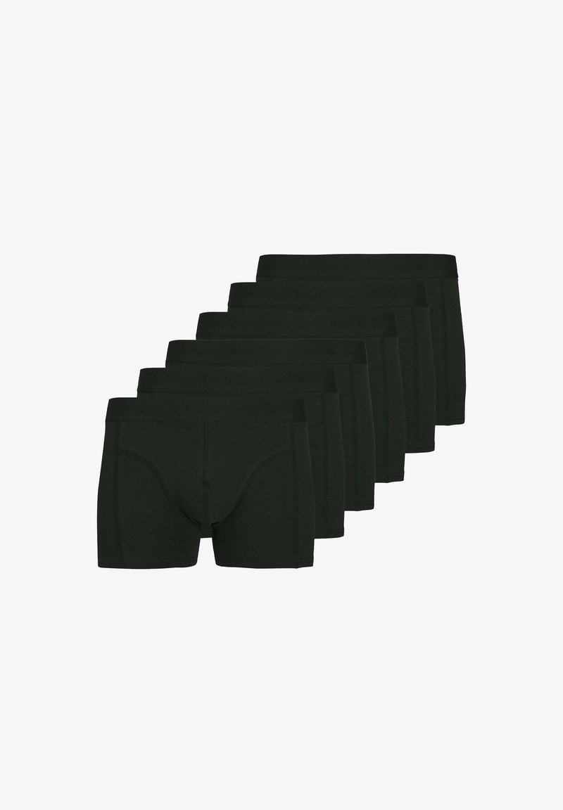 Schwarze Baumwollboxershorts mit einem weichen Bund mit Logo, glatter Textur und kurzen Beinen, die in einer gestapelten Anordnung präsentiert werden.