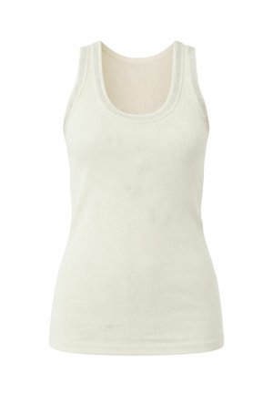 Top a coste color crema con rifinitura in pizzo attorno allo scollo a U e agli scalfi, mostrato su sfondo bianco.