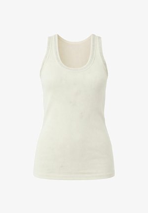 Top a coste color crema con rifinitura in pizzo attorno allo scollo a U e agli scalfi, mostrato su sfondo bianco.