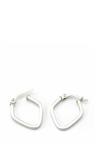 Silver hoop earrings with a geometric design, featuring a polished finish and a unique diamond-shape; secured with a hook closure.