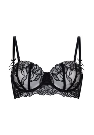 Black lace underwire bra with floral embroidery, sheer cups, and satin accents. Adjustable straps and hook-and-eye closure at the back.