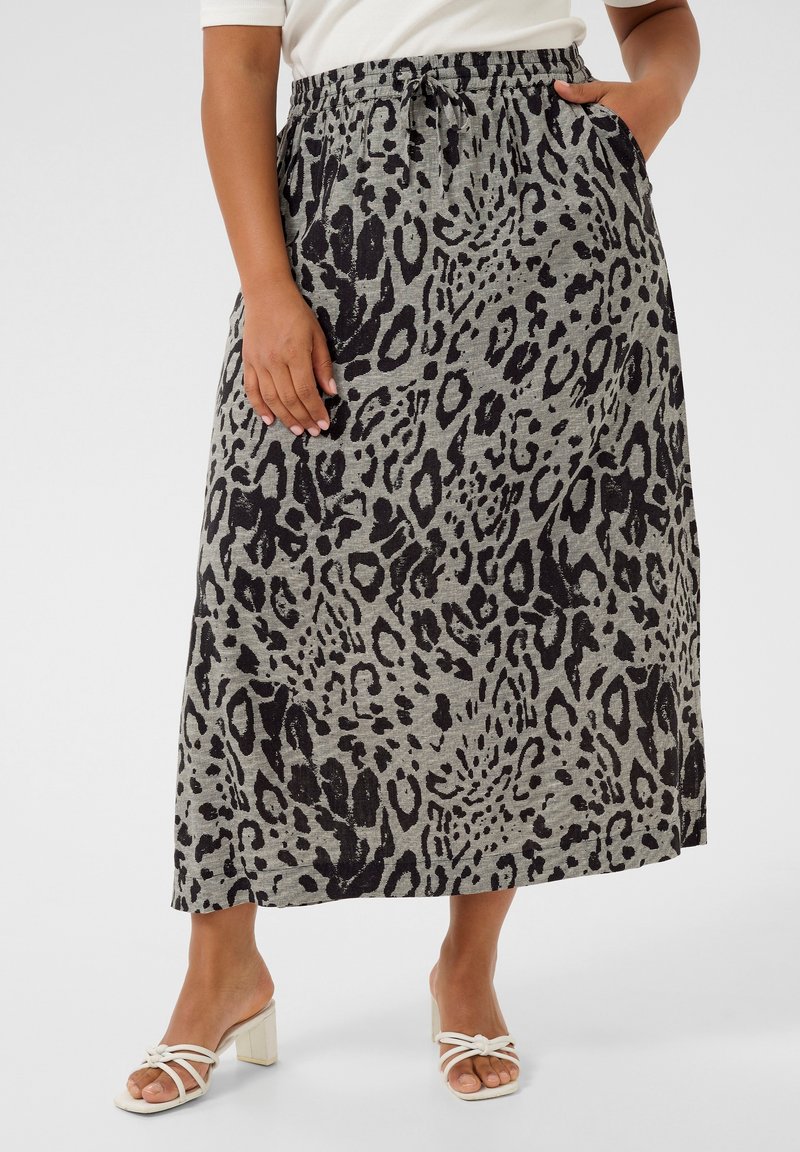 Maxi-Rock aus leichtem grauen Stoff mit einem schwarzen Leopardenmuster, elastischem Bund mit Kordelzug und seitlichen Taschen.