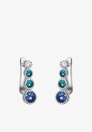 Silberne Tropfenohrringe mit einem Farbverlauf aus blauen und türkisfarbenen Steinen, die jeweils in einer strukturierten Fassung eingefasst sind. Drei Steine in einer vertikalen Linie angeordnet.