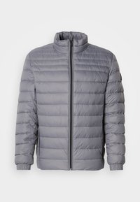 Gray padded jacket with a high collar, zip closure, horizontal quilted design, and elastic cuffs. Lightweight material emphasizes warmth.