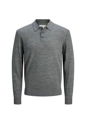 Šedý pletený polokošilový svetr s dlouhým rukávem, který má límec, tři knoflíky a žebrované manžety a lem. Hladká textura po celém povrchu.