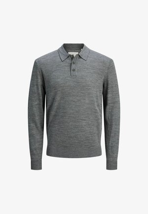 Šedý pletený polokošilový svetr s dlouhým rukávem, který má límec, tři knoflíky a žebrované manžety a lem. Hladká textura po celém povrchu.