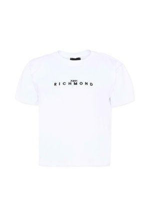Witte T-shirt met korte mouwen en zwart "John Richmond" logo centraal op de borst, effen achtergrond.