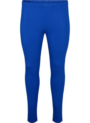 Modré legíny na celú dĺžku s elastickým pásom, hladkou textúrou a priliehavým strihom, zobrazené spredu na bielom pozadí.