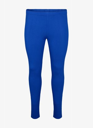 Blauwe leggings tot aan de enkels met elastische tailleband, gladde textuur en een strakke pasvorm, voorkant weergegeven op een witte achtergrond.