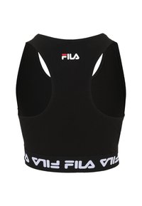 Svart sport-bh gjord av stretchig tyg. Har en racerback-design, vit logotyp på ryggen och ett brett band med text längst ner.