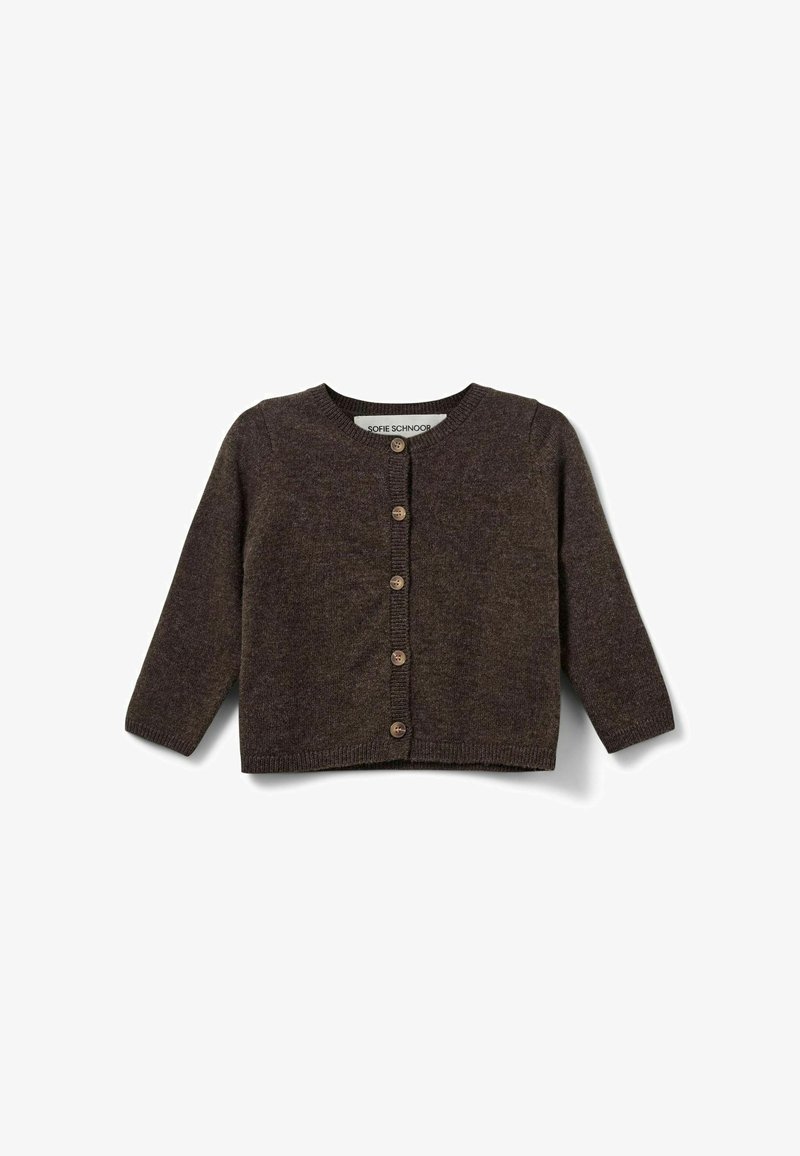 Cardigan marron foncé à manches longues avec cinq boutons et un col rond sur fond blanc.