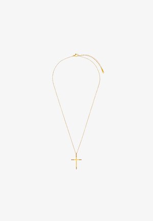 Collier en ton doré avec un pendentif croix simple orné de cinq pierres incrustées, suspendu à une chaîne délicate à longueur ajustable.