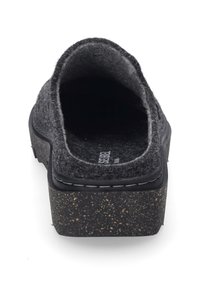 Grey felt clog with open back, contrasting black textured sole, and white stitching detail along the upper edge. Durable and lightweight design.