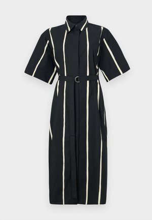 Black shirt dress with short sleeves, white vertical stripes, and a belt featuring a circular buckle at the waist. Cotton material.
