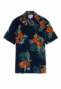 Camicia a maniche corte con bottoni realizzata in tessuto scuro, caratterizzata da una stampa floreale tropicale in tonalità di arancione, verde e blu, con colletto alla campagnola.
