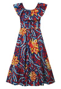 Maxi-jurk met off-shoulder ruches, strik taille en een levendig abstract bloemenpatroon in rood, blauw, geel en wit.